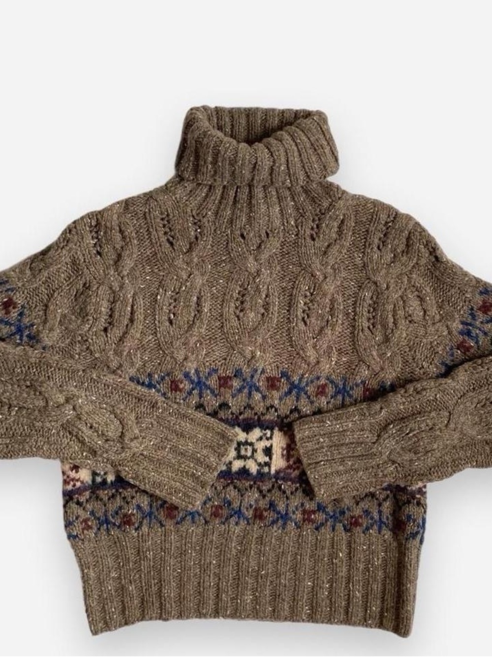 Vintage 90s brown chunky cropped turtleneck cable knit fair isle sweater
